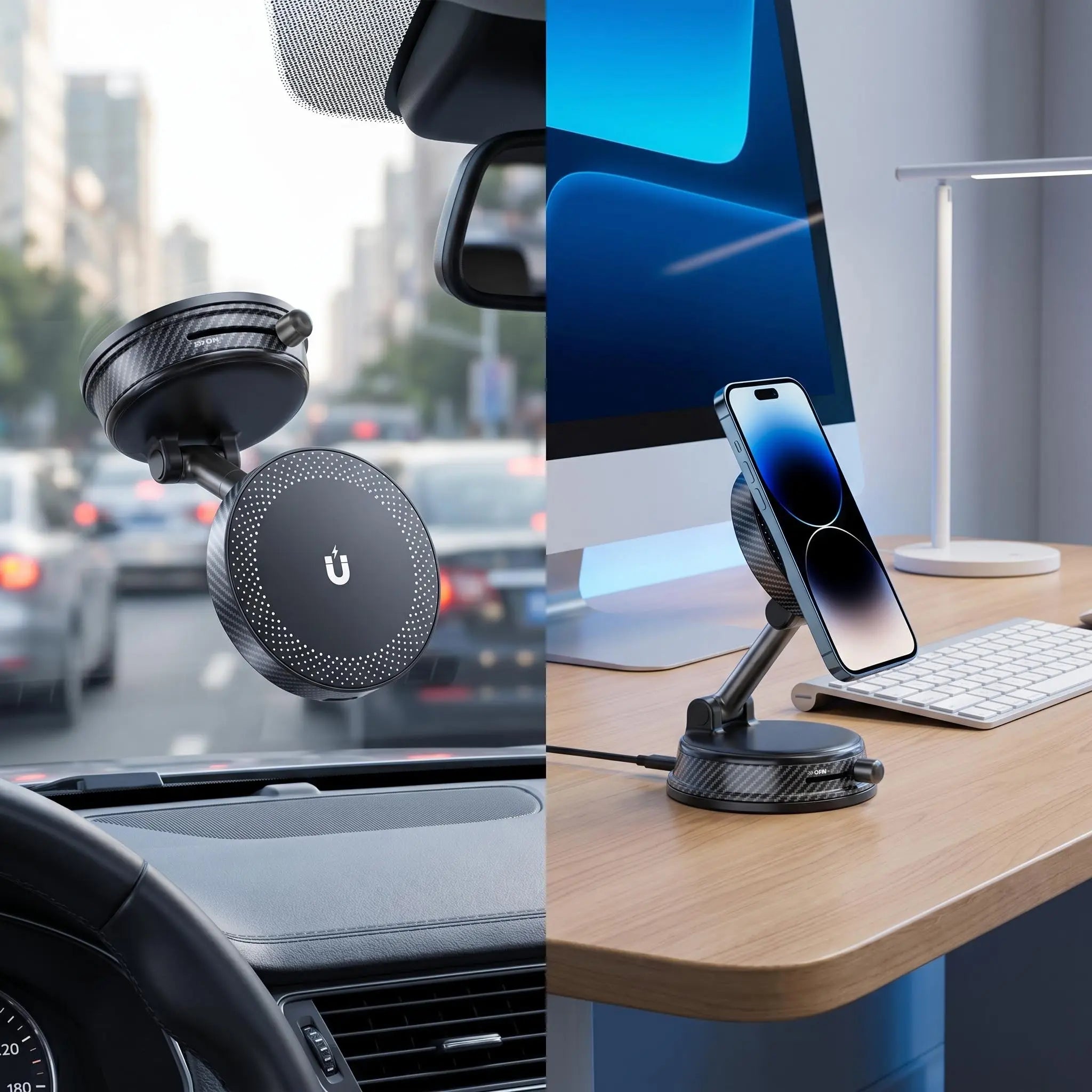 Car Magnetic Wireless Charger Phone Holder, 360° Rotation Vacuum Suction Cup Stand with 15W Fast Charging Dock for Iphone&Google, Free Magnetic Ring Included for All Phones