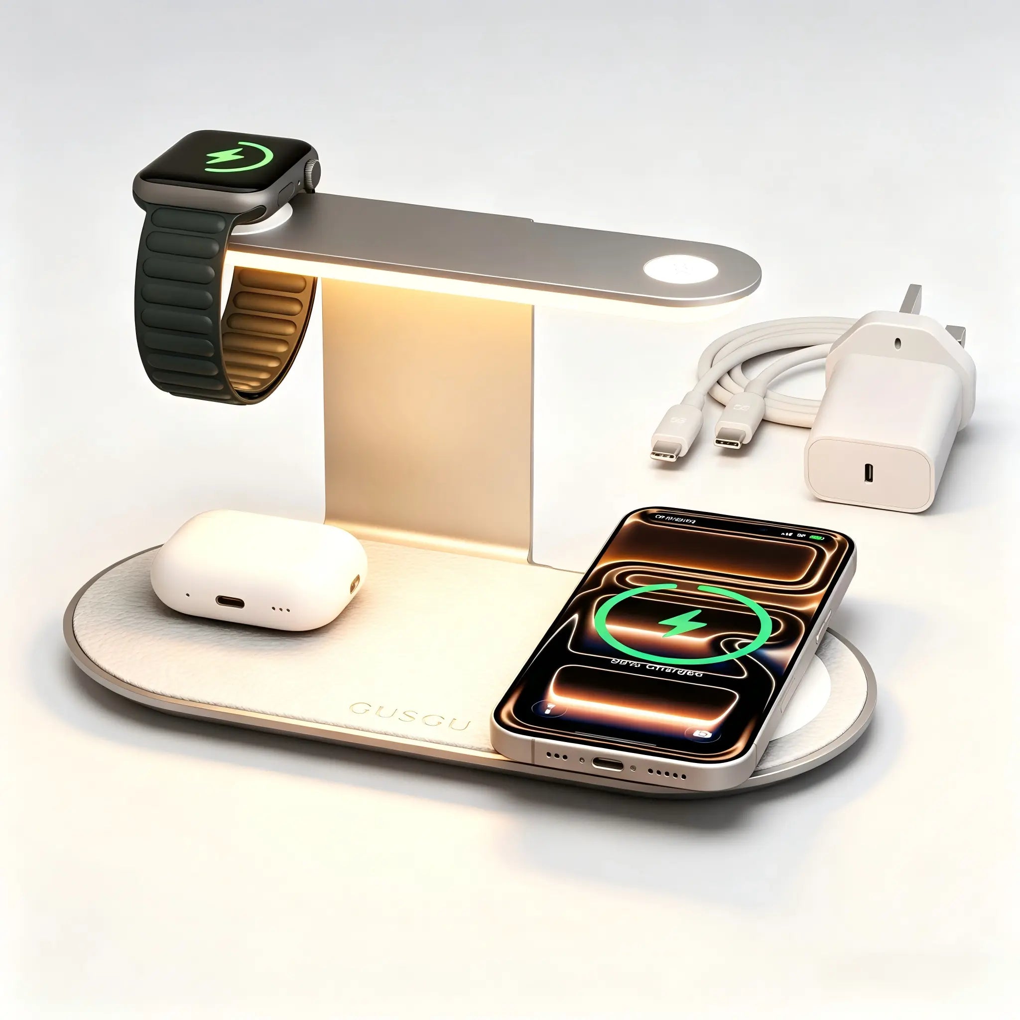 4-In-1 Wireless Charging Station with Night Light, Fast Charger Dock for Iphone/Apple Watch/Airpods, USB C Powered Desk Accessory