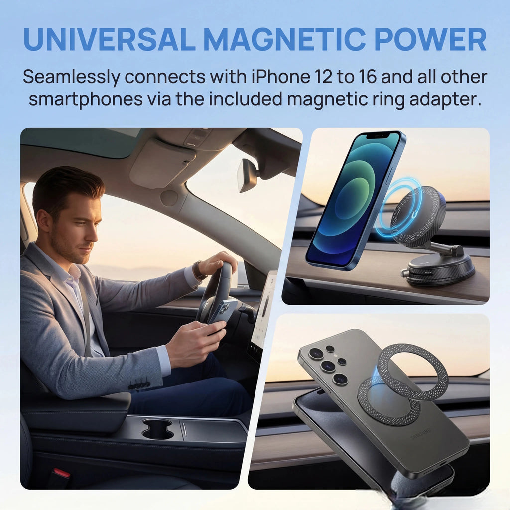 Car Magnetic Wireless Charger Phone Holder, 360° Rotation Vacuum Suction Cup Stand with 15W Fast Charging Dock for Iphone&Google, Free Magnetic Ring Included for All Phones