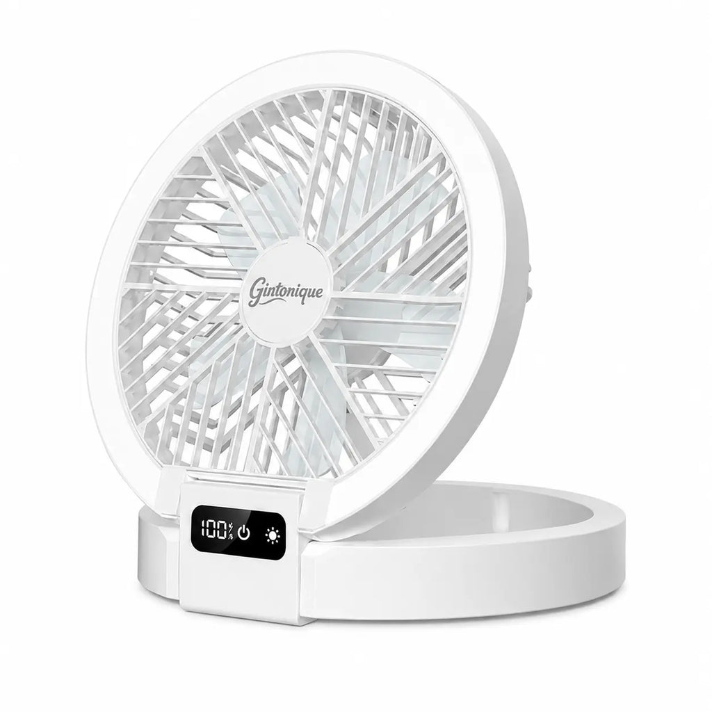 Portable Foldable LED Desk Fan - 5 Wind Speeds, Silent Rechargeable, Stepless Dimming Light, LED Power Display, Aromatherapy Diffuser, Mobile Wireless Compact USB Fan for Home, Travel, Camping, Office