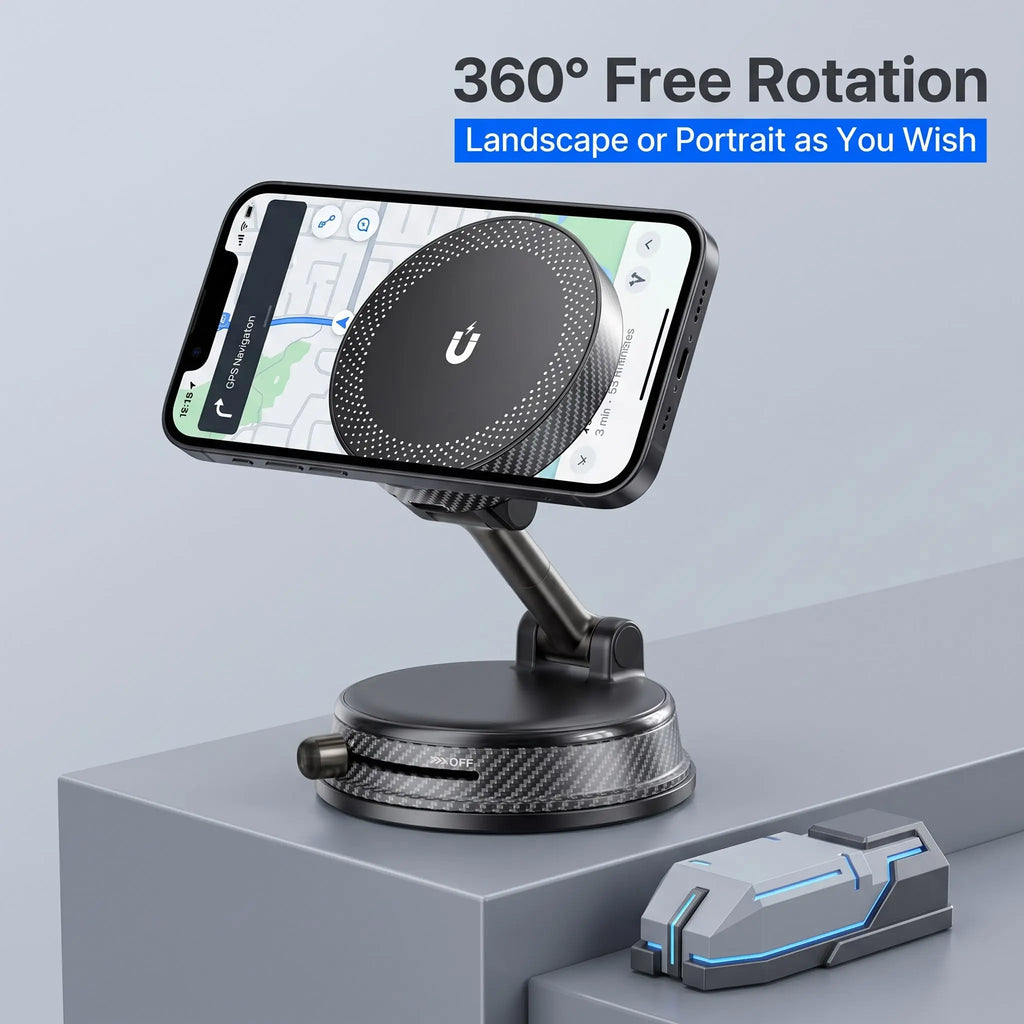 Car Magnetic Wireless Charger Phone Holder, 360° Rotation Vacuum Suction Cup Stand with 15W Fast Charging Dock for Iphone&Google, Free Magnetic Ring Included for All Phones