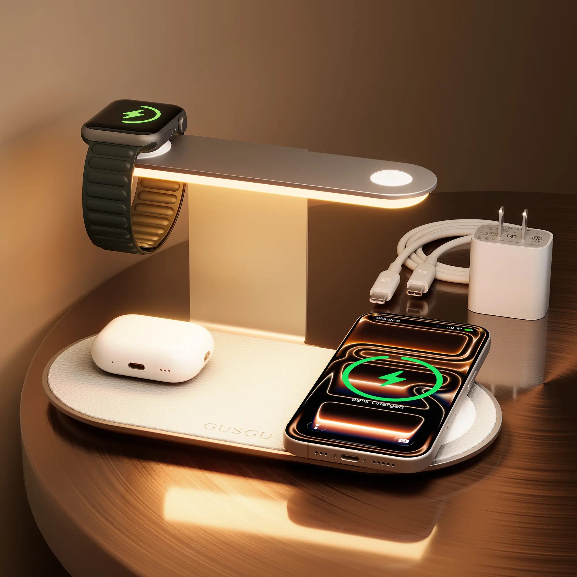 4-In-1 Wireless Charging Station with Night Light, Fast Charger Dock for Iphone/Apple Watch/Airpods, USB C Powered Desk Accessory