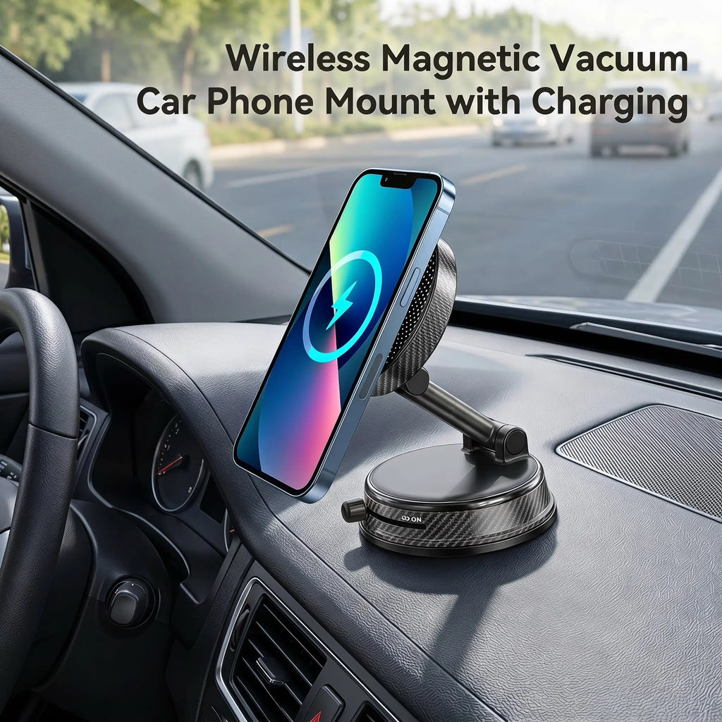 Car Magnetic Wireless Charger Phone Holder, 360° Rotation Vacuum Suction Cup Stand with 15W Fast Charging Dock for Iphone&Google, Free Magnetic Ring Included for All Phones