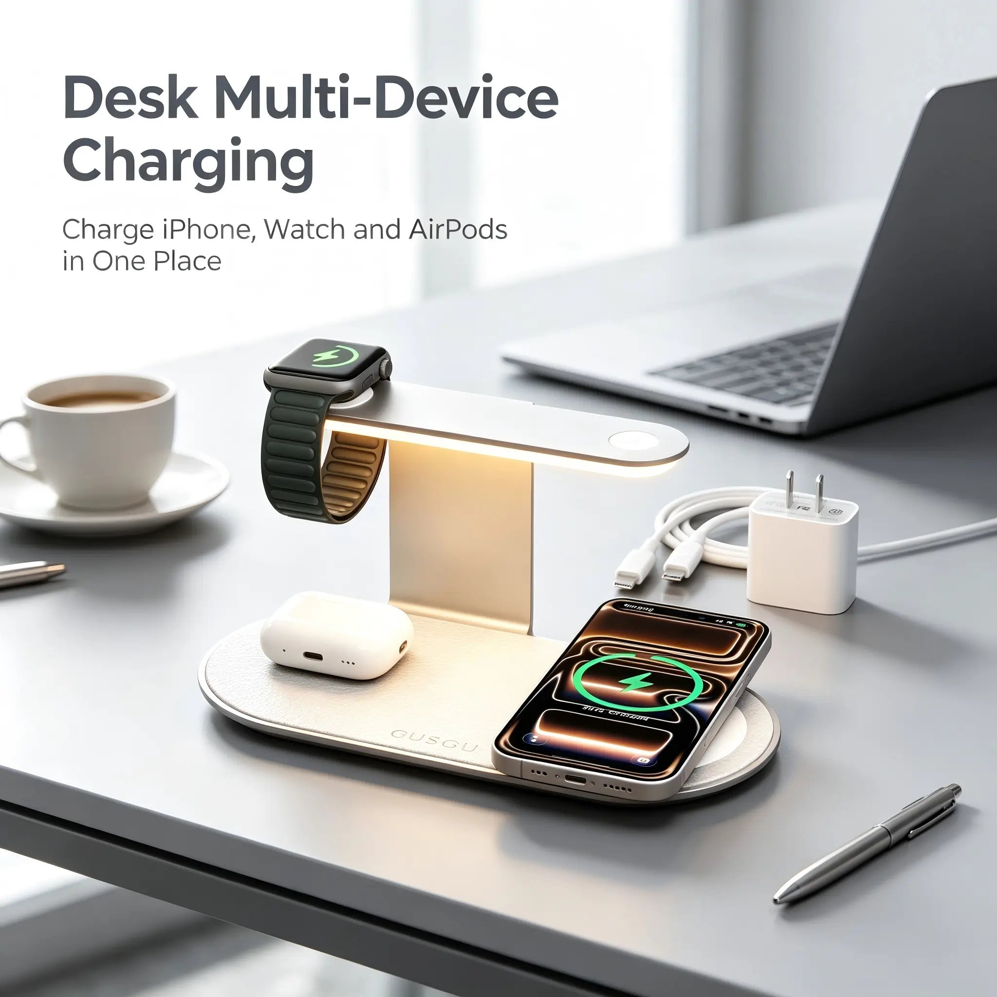 4-In-1 Wireless Charging Station with Night Light, Fast Charger Dock for Iphone/Apple Watch/Airpods, USB C Powered Desk Accessory