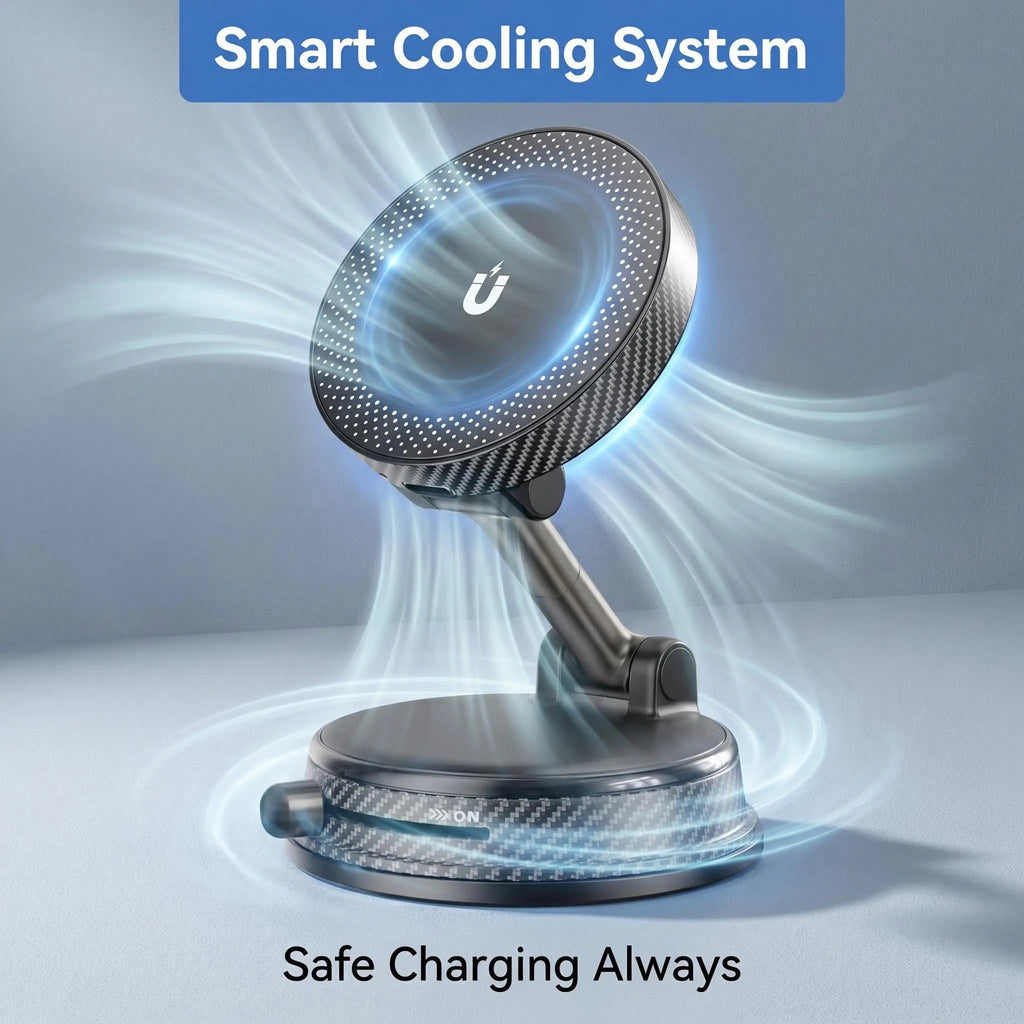Car Magnetic Wireless Charger Phone Holder, 360° Rotation Vacuum Suction Cup Stand with 15W Fast Charging Dock for Iphone&Google, Free Magnetic Ring Included for All Phones