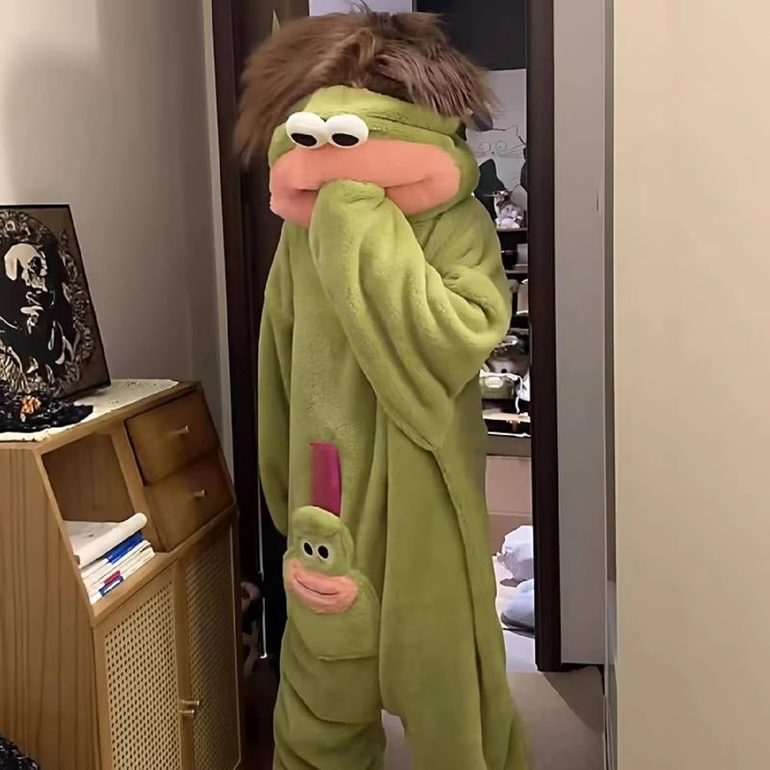 Silly Onesie Pyjama En Peluche Verte Monstre Onesie Combinaison Pyjama Femme Homme Silly Pyjamas Unisexe Hooded Confortable Manches Longues Soft Plush Sleepwear Mignon Dessin Animé Loungewear