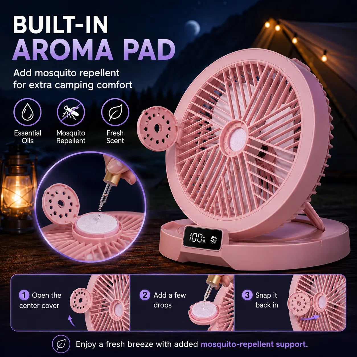 Portable Foldable LED Desk Fan - 5 Wind Speeds, Silent Rechargeable, Stepless Dimming Light, LED Power Display, Aromatherapy Diffuser, Mobile Wireless Compact USB Fan for Home, Travel, Camping, Office