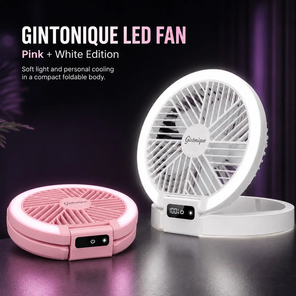 Portable Foldable LED Desk Fan - 5 Wind Speeds, Silent Rechargeable, Stepless Dimming Light, LED Power Display, Aromatherapy Diffuser, Mobile Wireless Compact USB Fan for Home, Travel, Camping, Office